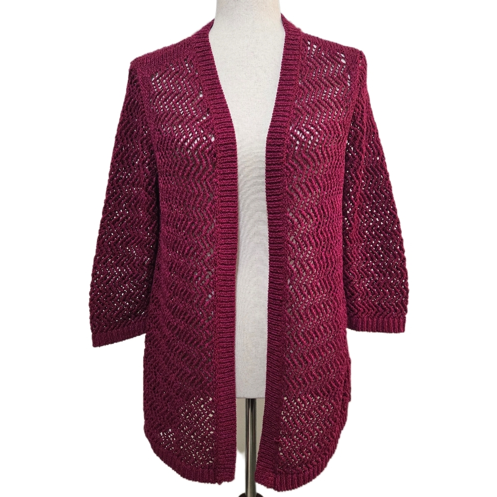 Chico’s Open Front Crochet Knit Cardigan Berry Red 3/4 Sleeve Size Medium